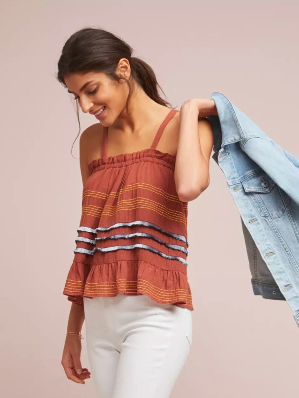COREY LYNN CALTER | Anthropologie Rust Fringe-Trim Embroidered Tank Top Sz XS